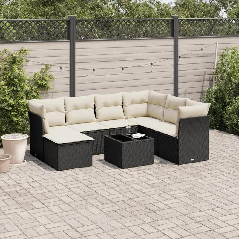 8-tlg. set divano da giardino con cuscini nero Poly Rattan