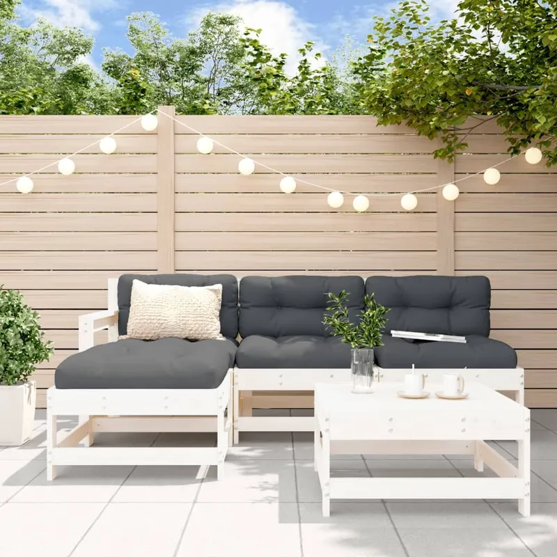 5-tlg. Garten-Lounge-Set mit Kissen white Massivholz