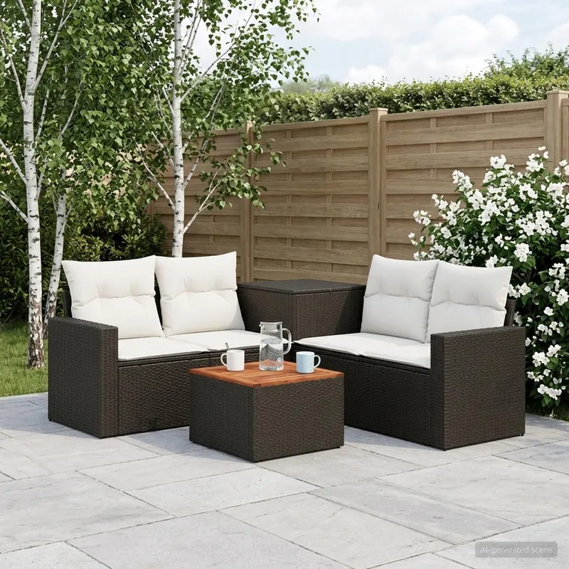 divano Set 6 pz. nero e bianco crema polyrattan e acciaio