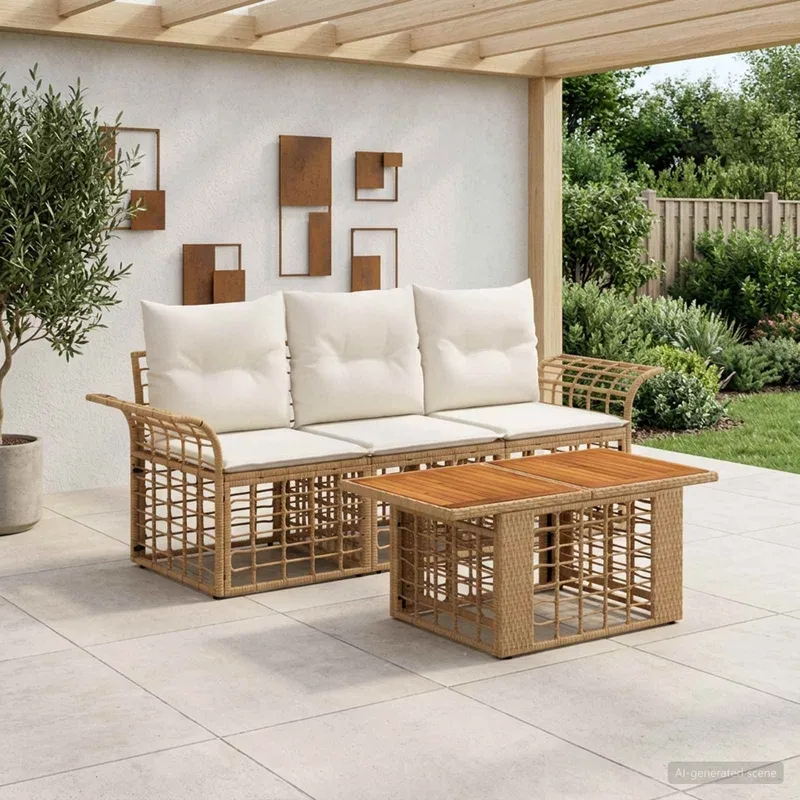 Gartensofa-set 4 stk. Natürlich und Cremweiß Poly-Rattan