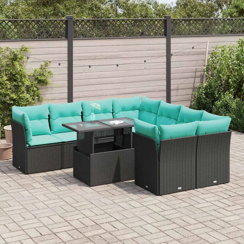 9-tlg. set divano da giardino con cuscini nero Poly Rattan