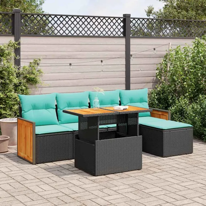 Set divani da esterno 6 pz. in poly rattan nero con cuscini