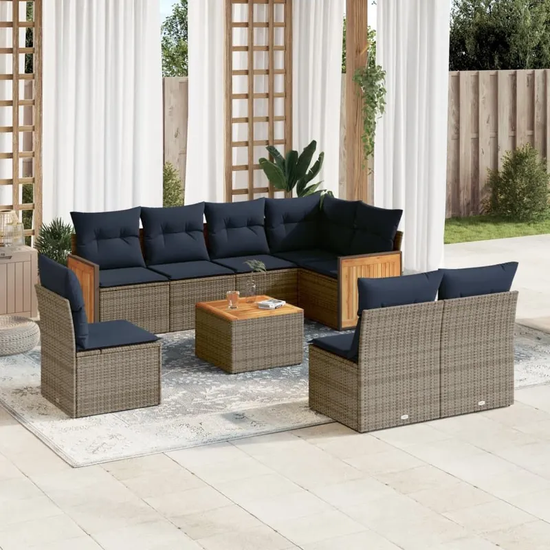 9-teiliges Gartensofa-Set mit Kissen, grau, Polyrattan