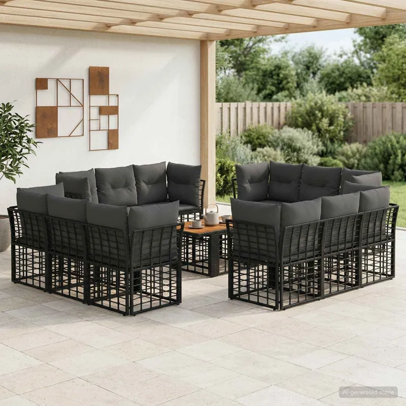 Gartensofa-set 13 stk. Schwarz und Dunkelgrau Poly-Rattan