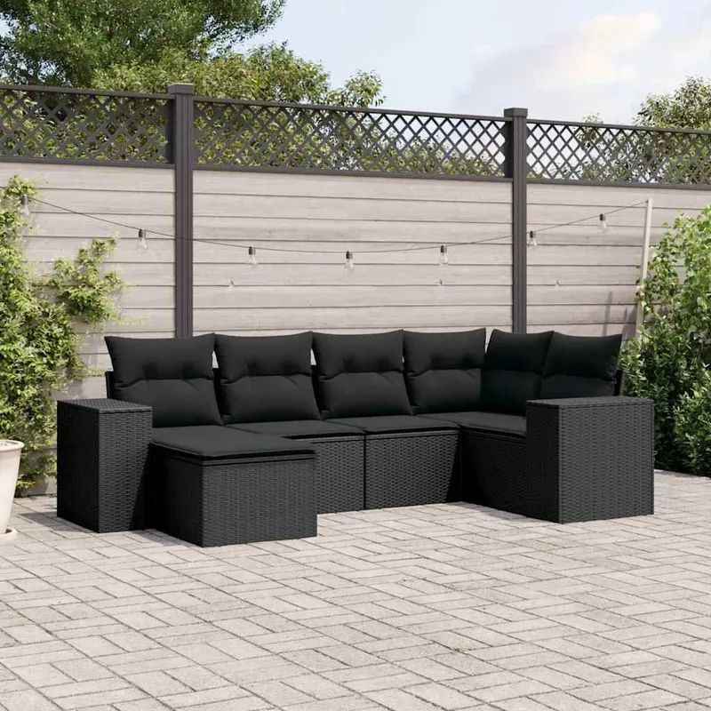 6-tlg. Garten-Sofagarnitur mit Kissen Schwarz Poly Rattan