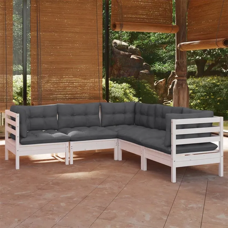 5-tlg. Garten-Lounge-Set mit Kissen white Kiefer Massivholz