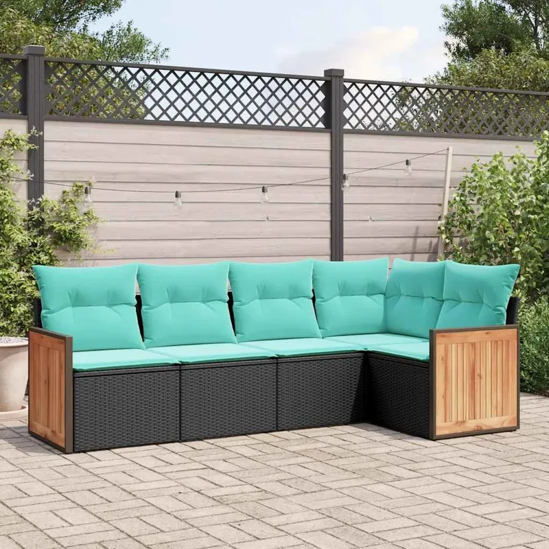 5-teiliges Gartensofa-Set mit Kissen, schwarzes Polyrattan